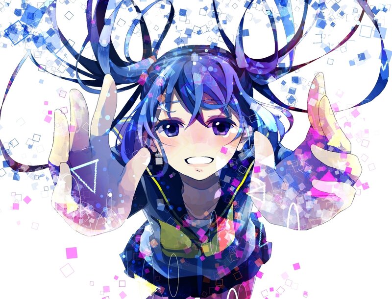 Anime Girl with Blue Hair — Energetic, Digital Art, Hands