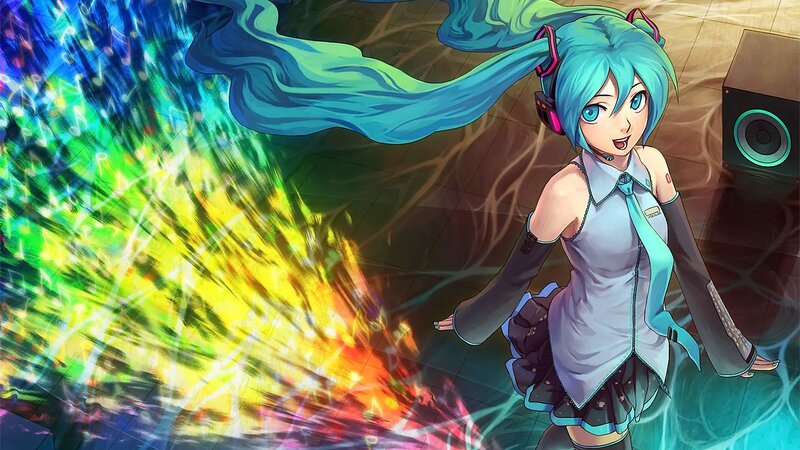 Anime Girl with Blue Hair — Energetic, Digital Art, Headphones, Speaker, Colorful Light