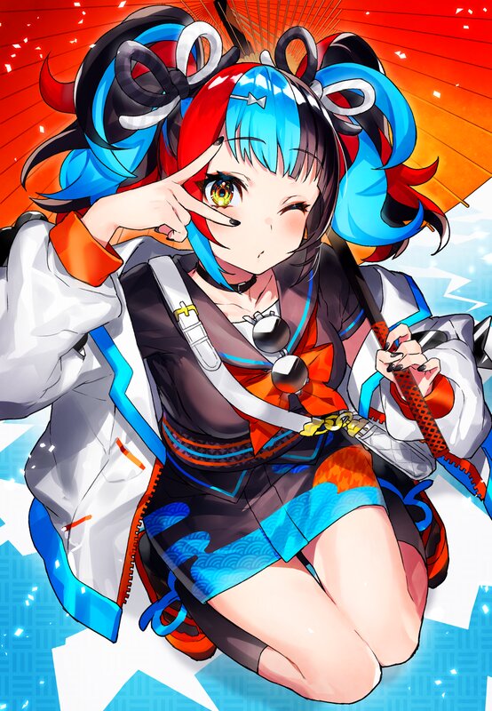 Anime Girl with Blue Hair — Energetic, Digital Art, Sword