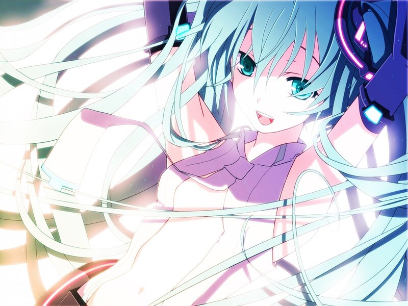 Anime Girl with Blue Hair — Energetic, Headphones, Long Hair, Purple Outfit
