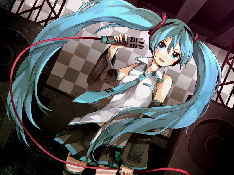 Anime Girl with Blue Hair — Energetic, Microphone, Checkered Floor