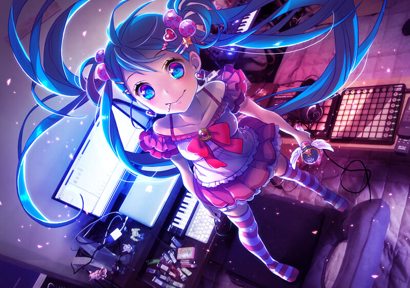 Anime Girl with Blue Hair — Energetic, Night, Digital Art, Computer, Keyboard