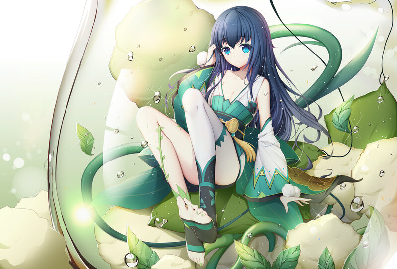 Anime Girl with Blue Hair — Green, Serene, Digital Art