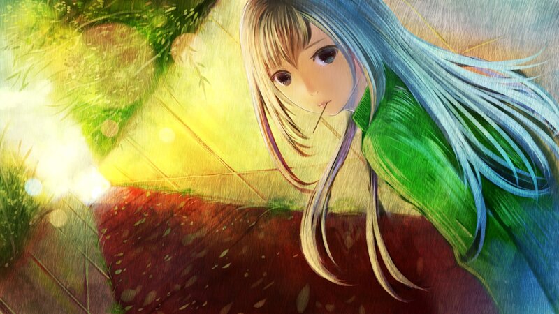 Anime Girl with Blue Hair — Green, Serene, Sunset