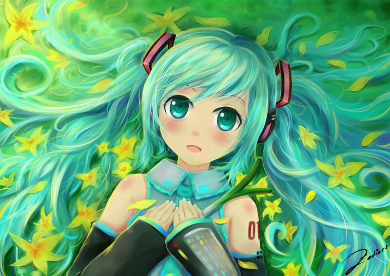 Anime Girl with Blue Hair — Green, Serene