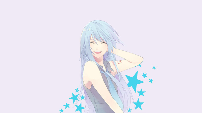 Anime Girl with Blue Hair — Happy, Digital Art, Stars