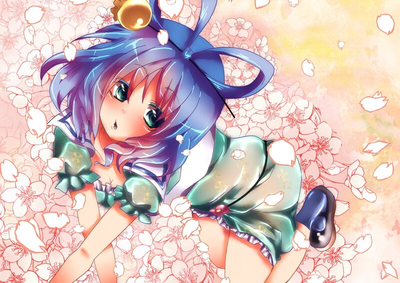 Anime girl with blue hair in cherry blossoms