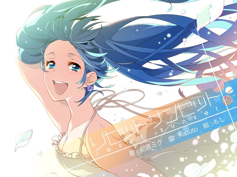 Anime Girl with Blue Hair — Joyful, Sunset, Earring