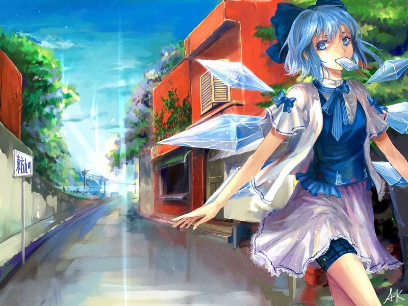 Anime girl with blue hair on street