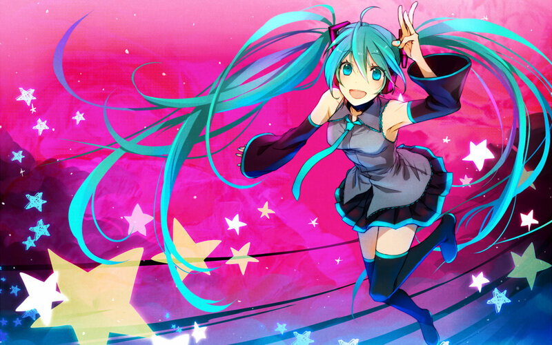 Anime Girl with Blue Hair — Pink, Energetic, Digital Art, Stars, Long Hair