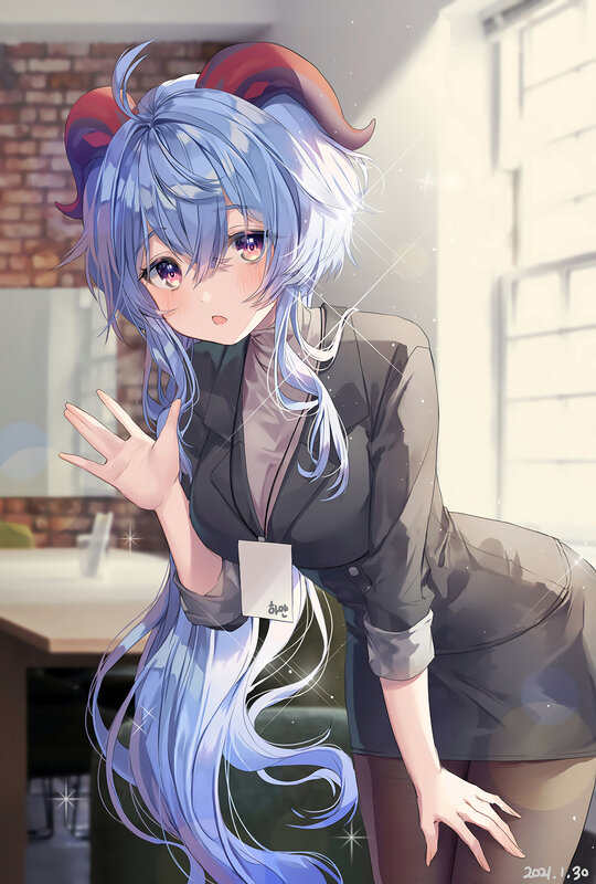 Anime Girl with Blue Hair — Playful, Afternoon, Digital Art, Horned Headwear