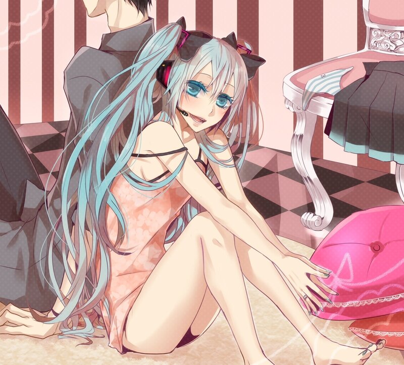 Anime Girl with Blue Hair — Playful, Cat Ears, Microphone, Pink Pillow
