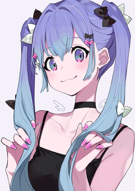 Anime Girl with Blue Hair — Playful, Digital Art, Bows