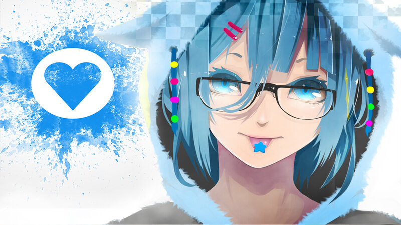 Anime Girl with Blue Hair — Playful, Digital Art, Glasses, Heart Symbol
