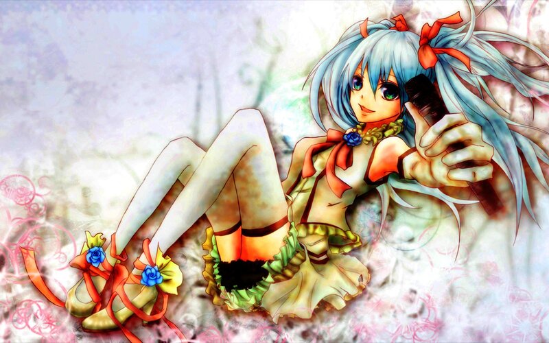 Anime Girl with Blue Hair — Playful, Digital Art, Microphone, Bows