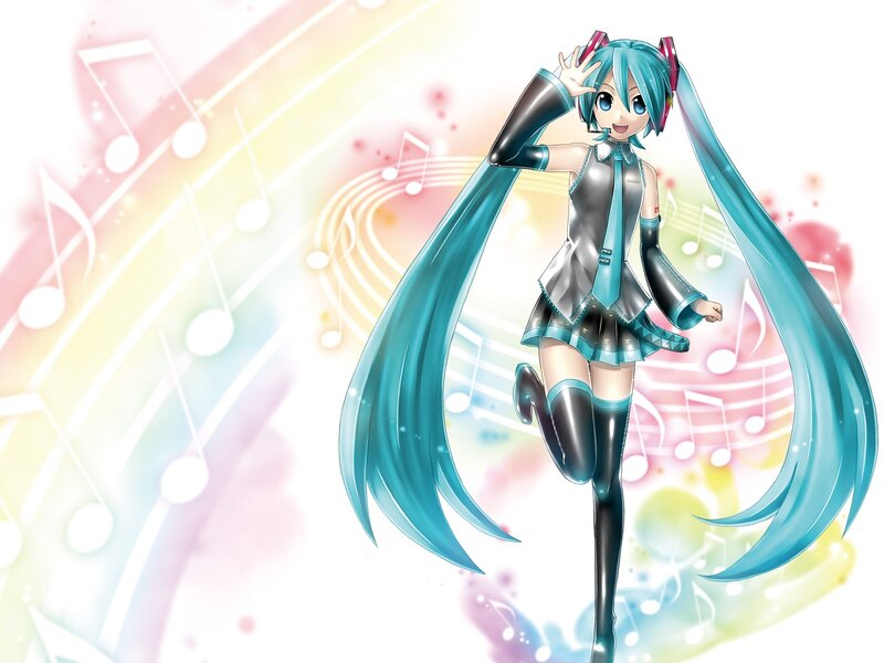 Anime Girl with Blue Hair — Playful, Digital Art, Music Notes, Long Hair