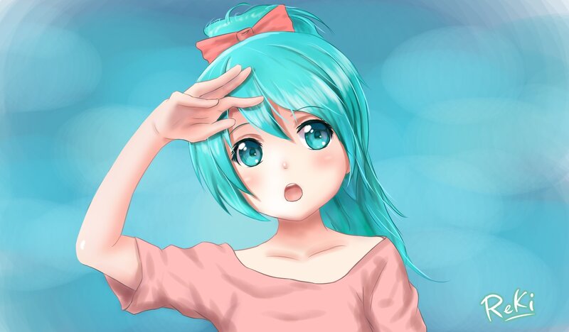 Anime Girl with Blue Hair — Playful, Digital Art, Pink Bow