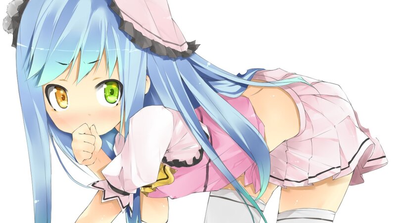 Anime Girl with Blue Hair — Playful, Green Eyes, Pink Dress