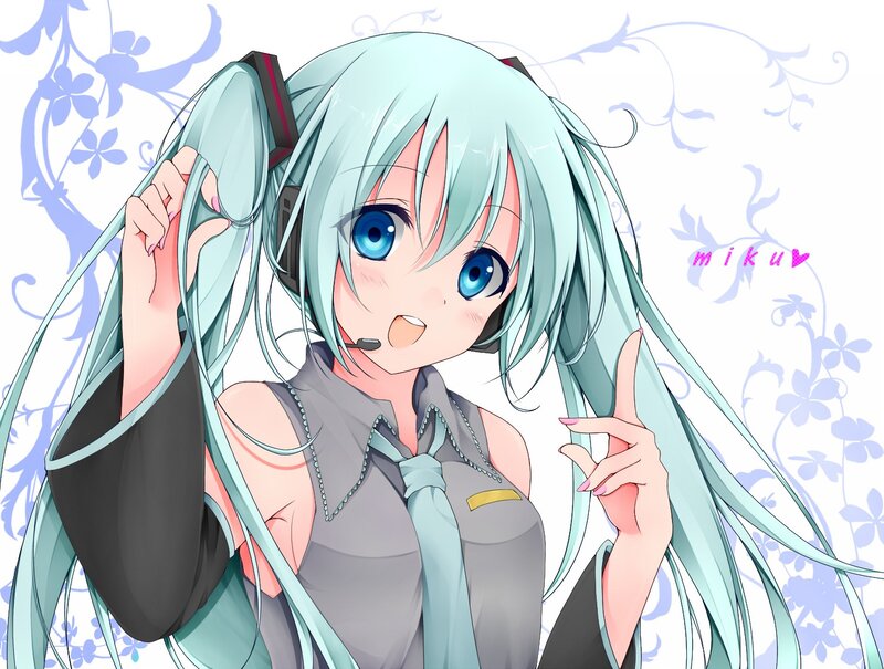 Anime Girl with Blue Hair — Playful, Headset, Microphone, Tie, Gray
