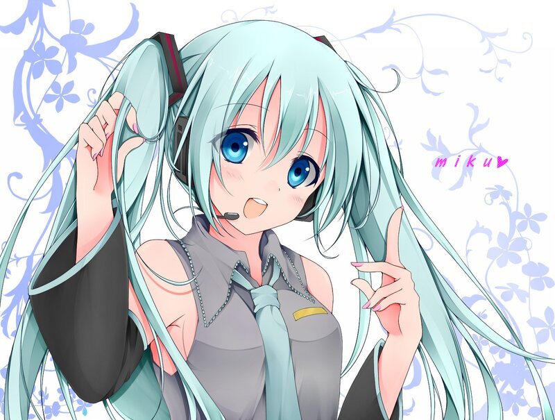 Anime Girl with Blue Hair — Playful, Headset, Microphone, Tie