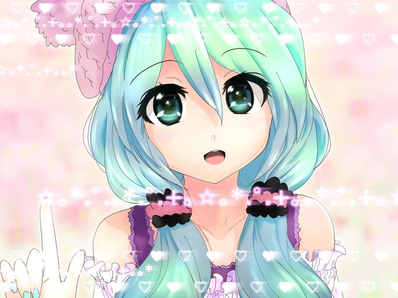 Anime Girl with Blue Hair — Playful, Hearts