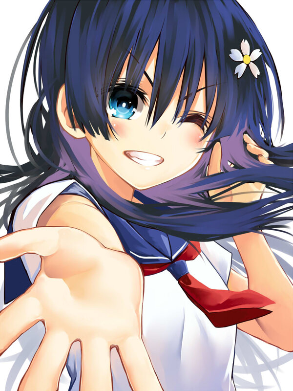 Anime Girl with Blue Hair — Playful, Manga, Flower