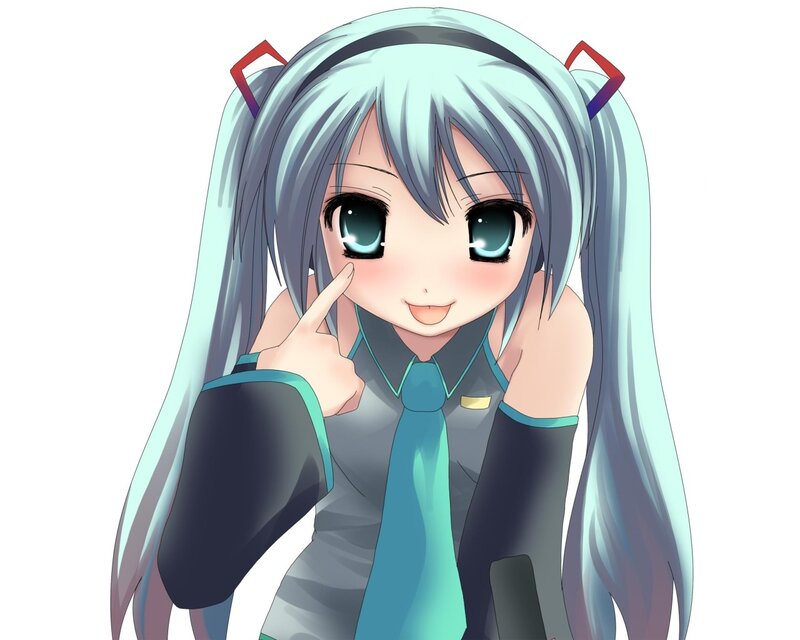 Anime Girl with Blue Hair — Playful, Ponytails, Tie, Pointing