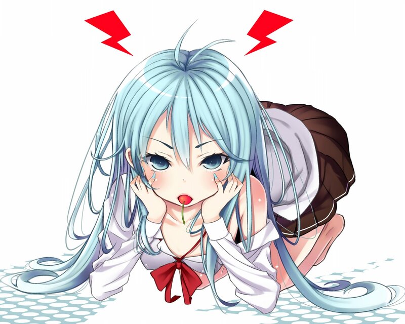 Anime Girl with Blue Hair — Playful, School Uniform, Cherry
