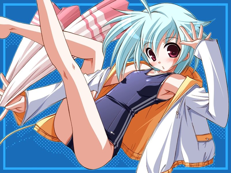 Anime Girl with Blue Hair — Playful, Swimsuit