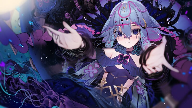 Anime Girl with Blue Hair — Purple, Dramatic, Night, Digital Art, Butterflies, Dark Background