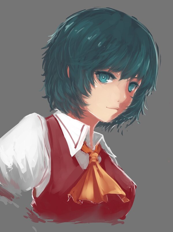 Anime Girl with Blue Hair — Red, Calm, Digital Art