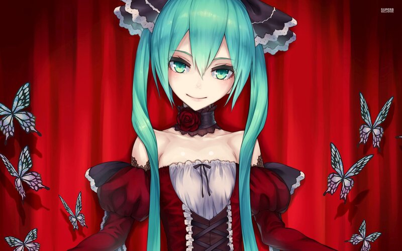 Anime Girl with Blue Hair — Red, Dramatic, Digital Art, Butterflies, Red Curtain, Rose