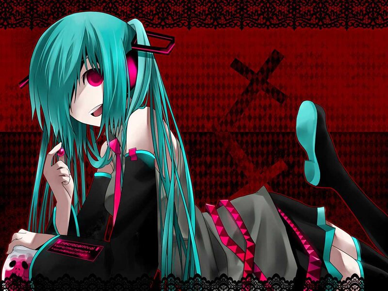 Anime Girl with Blue Hair — Red, Dramatic, Digital Art, Skull