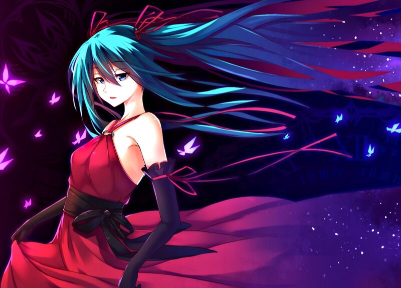 Anime Girl with Blue Hair — Red, Dramatic, Night