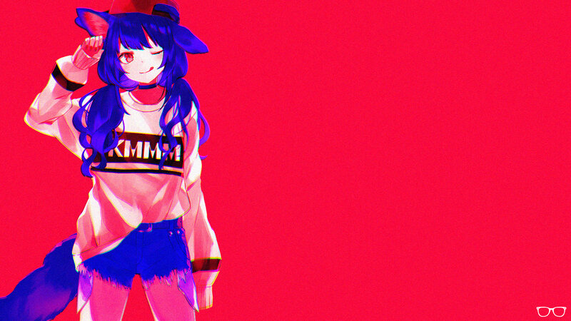 Anime Girl with Blue Hair — Red, Playful, Digital Art