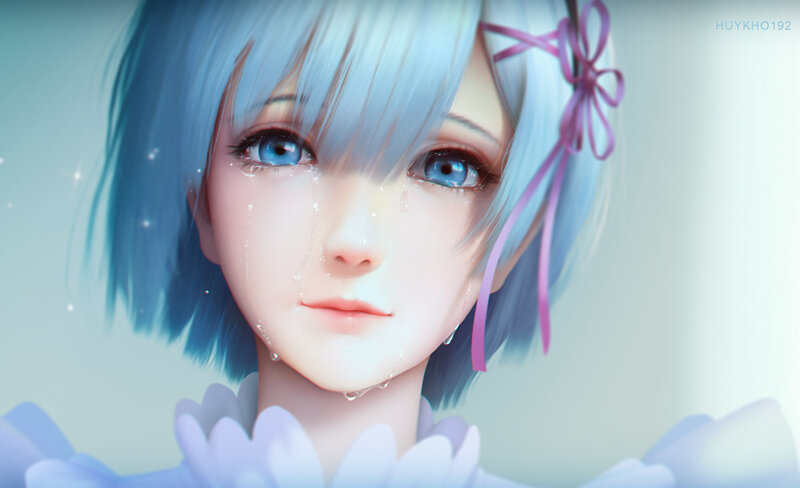 Anime Girl with Blue Hair — Sad, Digital Art