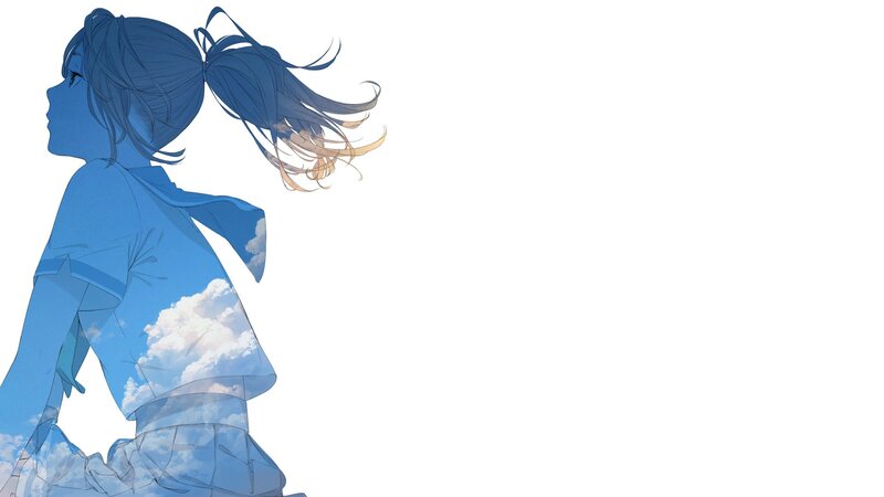 Anime Girl with Blue Hair — Serene, Afternoon, Digital Art, Clouds, Sky