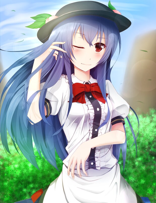 Anime Girl with Blue Hair — Serene, Afternoon, Digital Art, Hat, Red Bow