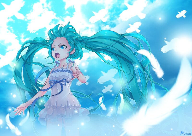 Anime Girl with Blue Hair — Serene, Digital Art, Birds