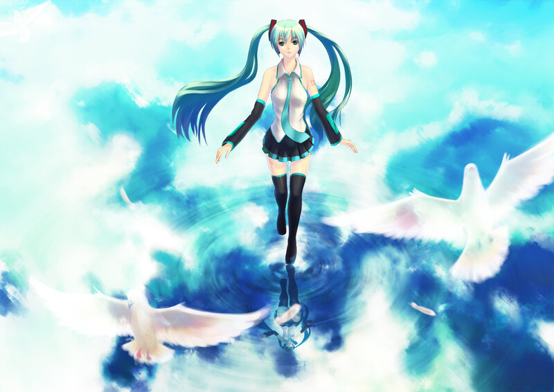 Anime Girl with Blue Hair — Serene, Digital Art, Doves
