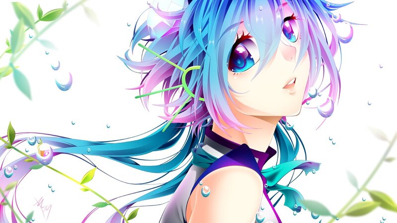 Anime Girl with Blue Hair — Serene, Digital Art, Eyes, Plants