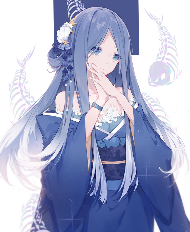 Anime Girl with Blue Hair — Serene, Digital Art, Fish Skeleton