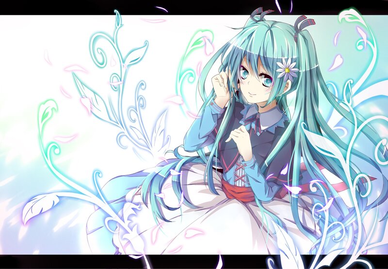 Anime Girl with Blue Hair — Serene, Digital Art, Flower, Dress, Hair Ribbons, White