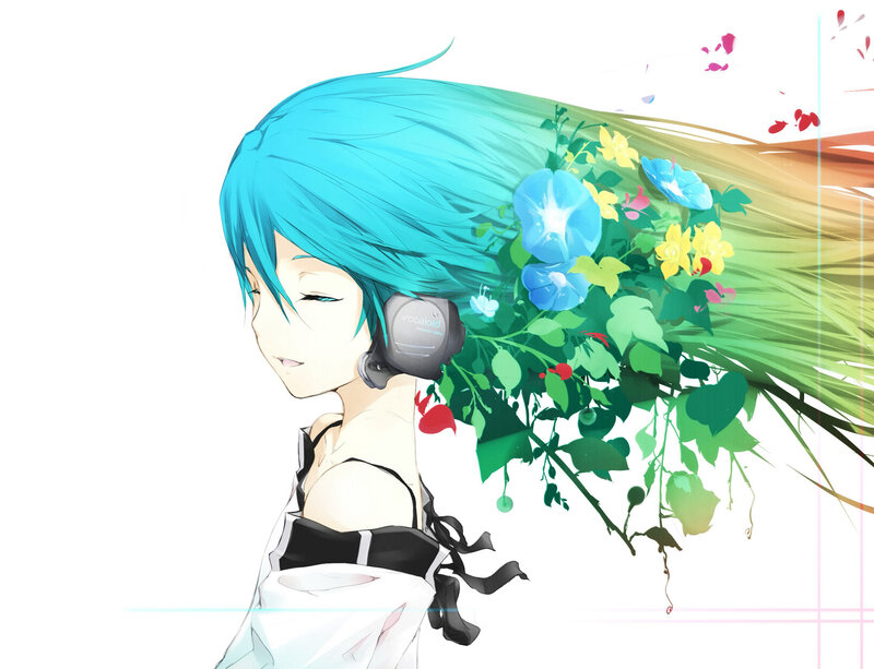 Anime Girl with Blue Hair — Serene, Digital Art, Flowers, Headphones
