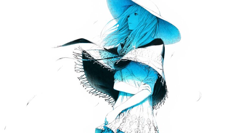 Anime Girl with Blue Hair — Serene, Digital Art, Hat