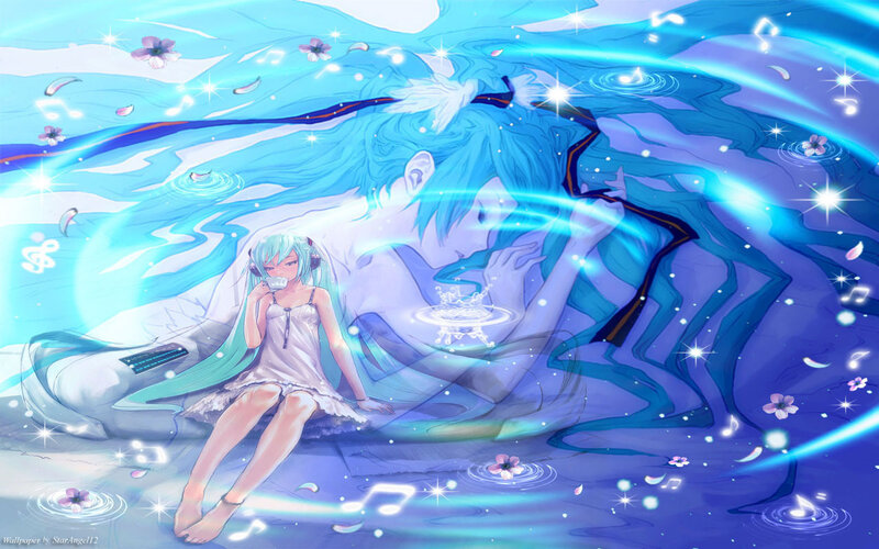 Anime Girl with Blue Hair — Serene, Digital Art, Music Notes