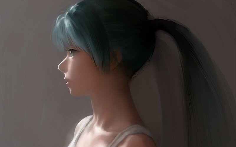 Anime Girl with Blue Hair — Serene, Digital Art, Ponytail