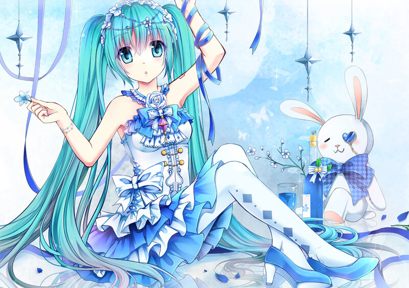 Anime Girl with Blue Hair — Serene, Digital Art, Rabbit