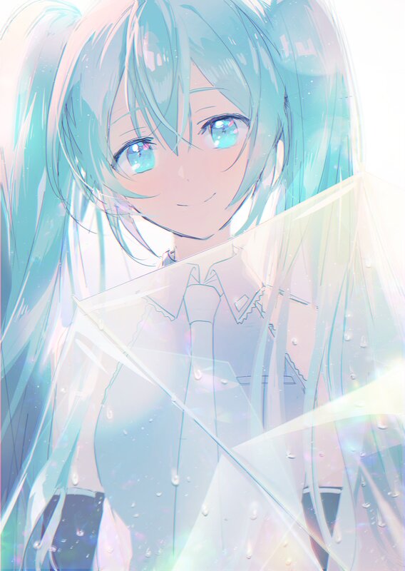 Anime Girl with Blue Hair — Serene, Digital Art, Rain