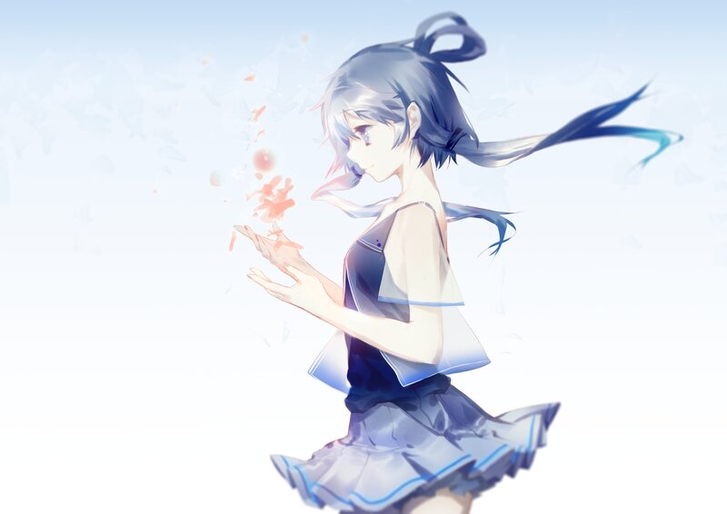 Anime Girl with Blue Hair — Serene, Digital Art, Skirt, Hair Ribbon